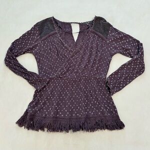 Miss Me Bohemian Peasant Eggplant Purple Blouse Women’s Sz M Faux Wrap Top